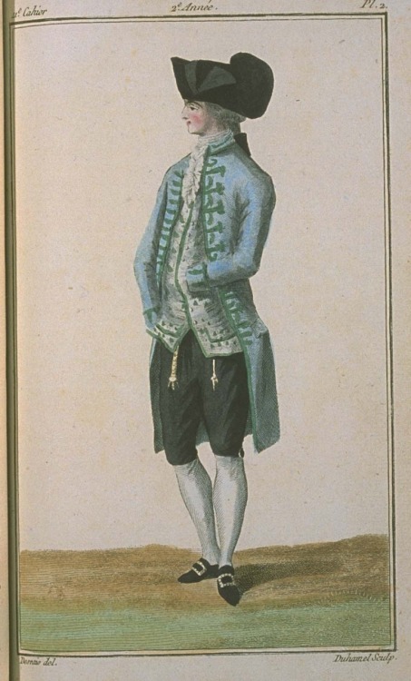 Magasin des Modes, February 1787.
Love those colors and the big buckles and hat!