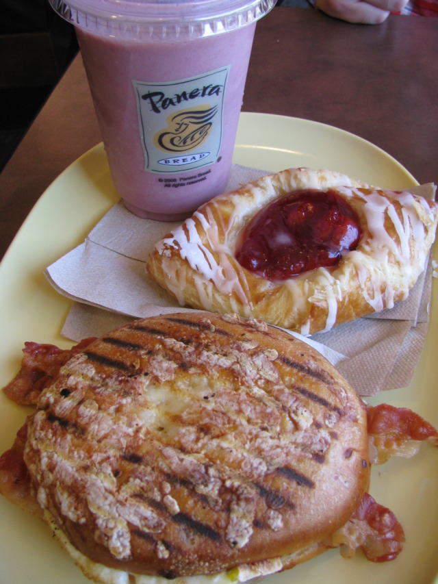 Breakfast and lunch at Panera Bread. Bacon, egg...