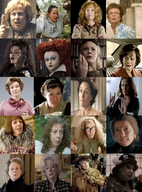 Pam Ferris Aunt Marge Molly Weasley Bellatrix Helena Bonham Carter Helen McCrory julie walters Mamma Mia Alice in Wonderland Red Queen The Queen Cherie Blair Matilda Vera Drake imelda staunton dolores umbridge aunt petunia Fiona Shaw marnie true blood Aunt Imogene Madame Maxime Maggie Smith McGonagall professor trelawney emma thompson Nanny McPhee Professor Sprout Aunt Sponge James and the Giant Peach