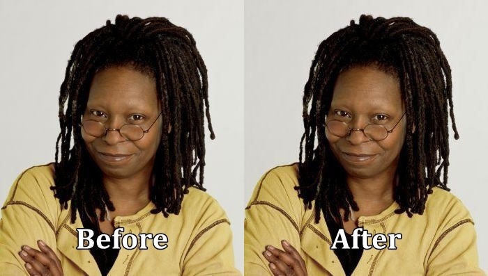 Whoopi Goldberg's eyebrows, mistakemybiology: Whoopi with no eyebrows.