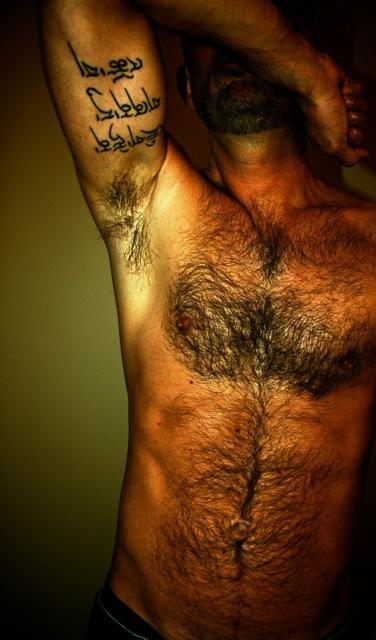 Hairy chest, legs,Beard and Mustache.