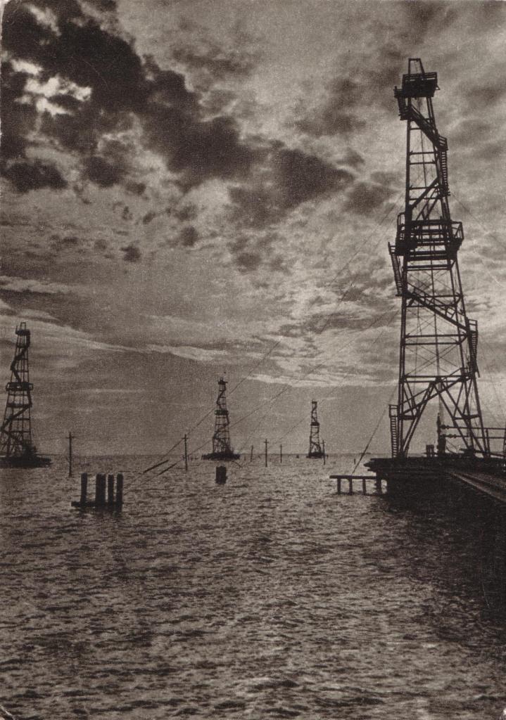 Baku, Azerbaijan. Ilyich’s Bay. Oil rigs in the sea (1954)