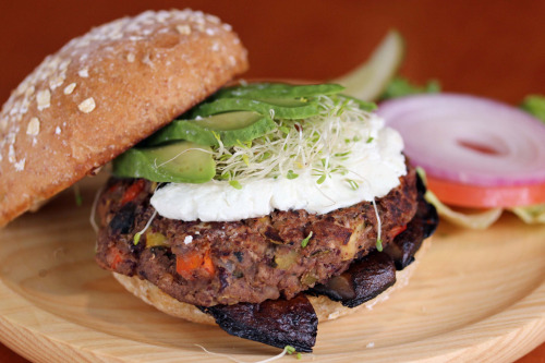 “Farmer’s Market Burger: Seasonal vegetable burger,...