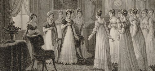 The duchesse d'Angouleme greeted after her arrival in 1814 at the Tuileries Palace by 144 women from the twelve municipalities in the capital.