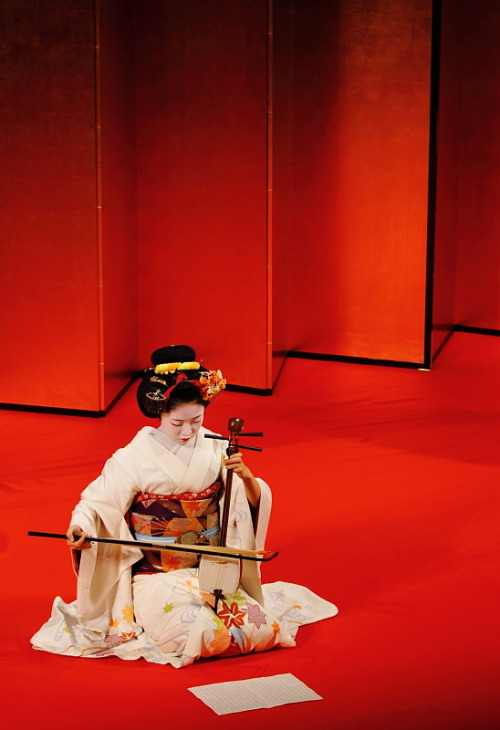 Maiko Toshikana is playing Kokyu at the Miyagawacho Kaburenjo.
