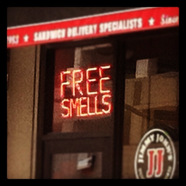 Free smells neon sign at Jimmy Johns. #funny #sign...