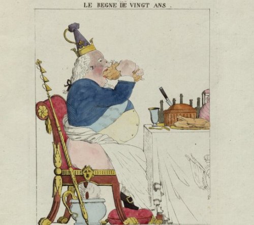 “The twenty year reign.” A caricature of Louis XVIII published in 1815, which sums up Louis XVIII’s twenty year reign (since 1795) by depicting him gorging on food and defecating at the table.