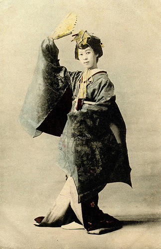 Okome Dance (1900)
“ This postcard shows Geiko (Geisha) in costume as a Shinto Priestess for the Okome (uncooked rice) Dance, which is performed in early spring as a blessing for a bountiful harvest of rice.(source)
”