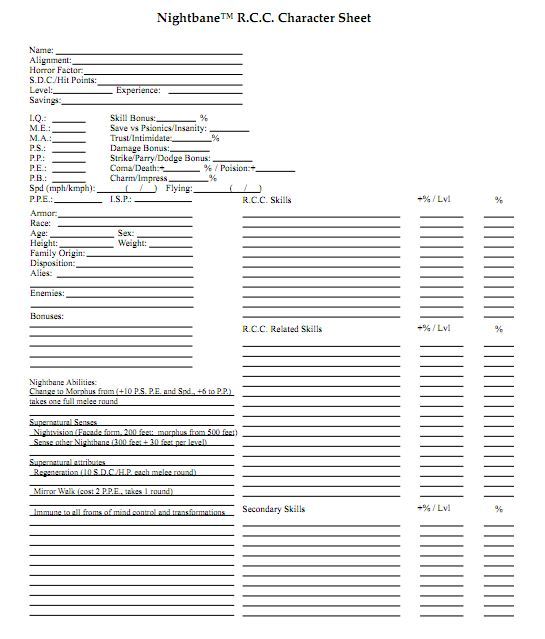 Table Top Fun, NIGHTBANE Character Sheet