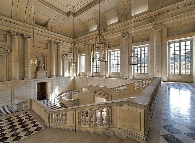 The stair hall at Versailles : In the late 18th century, Louis XV’s fist architect, Ange-Jacques Gabriel, had designed a monumental stair hall to give access to the enfilade of parade rooms on the first floor, replacing the Ambassadors’ Staircase...