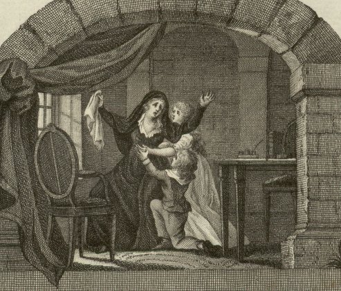 An illustration of Marie Antoinette and her two children imprisoned in the Temple from “Scenes of the Revolution in France,” published in 1802.