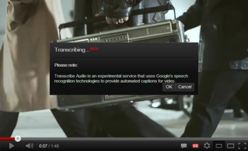Transcribing...BETA. Please note: Transcribe Audio is an experimental service that uses Google's speech recognition technologies to provide automatated captions for video.