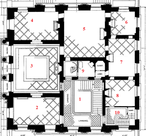 Petit Trianon chateau floor plan: Principal Floor
1-Top of the grand/principal staircase
2-The antechambre
3-The dining room
4-The small salon, used for billiards
5-The “living room” salon
6-The queen’s boudoir
7-The queen’s bedroom
8-The dressing...