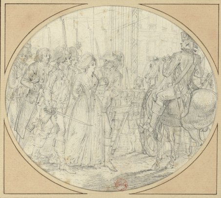 Marie Antoinette conducted to the scaffold. 1793 engraving.