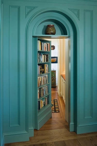 Book shelf and door.