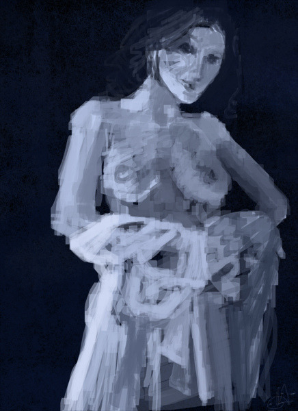 quick single-color sketch-painting of a woman with bared breasts-- square brush, not much detail