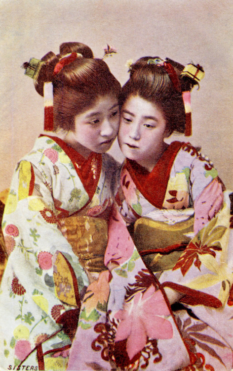 Two Young Geisha with Cricket Cage Hairpins (1904)
“This postcard shows two Hangyoku (Young Geisha) wearing miniature Mushi Kago (Insect Cages) tied to tiny stands and attached to Kanzashi (Hair Ornaments), which include long tassels of...
