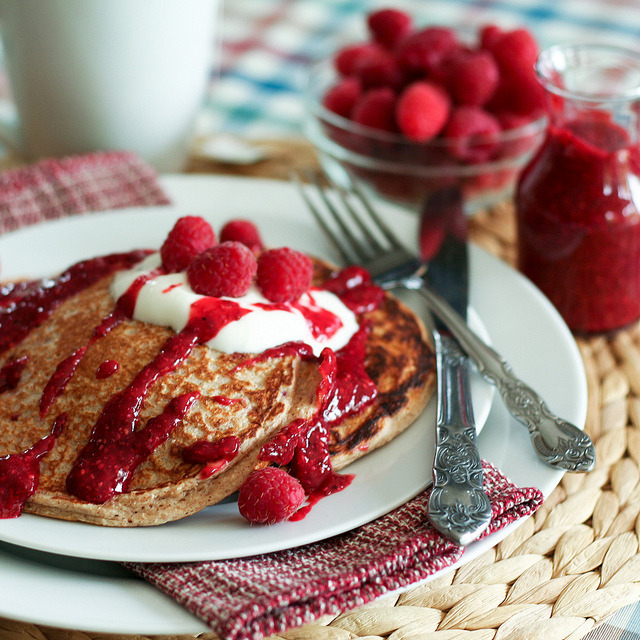 Raspberry Protein Oatmeal Pancakes