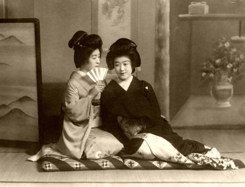 Mineryu and Sanae (1938)
“Described on the back as “famous geishas of Tokio, Mineryu and Sanae”, although it doesn’t say who is who, dated Nov. 13, 1938. There is an embossed photographer’s mark in the bottom right-hand corner.” (source)