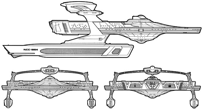 Starfleet ships — Miranda-class USS Reliant starboard, fore and aft...