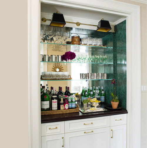 Green Copper Crystals Line Bar Shelving Walls In