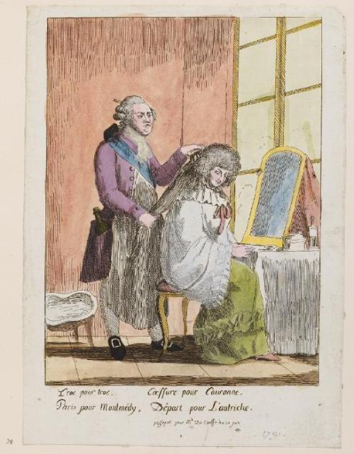 Hairstyle in Exchange for Crown: Departure for Austria. A print depicting Louis XVI dressing Marie Antoinette’s hair before the royal family’s flight from Paris.
© Waddesdon Collection