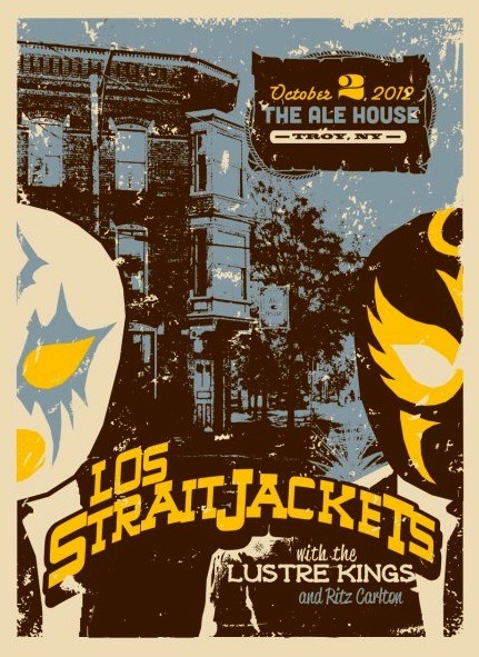 Posters for two upcoming Los Straitjackets shows in Troy, NY.