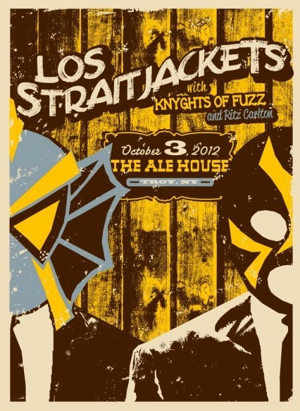 Posters for two upcoming Los Straitjackets shows in Troy, NY.