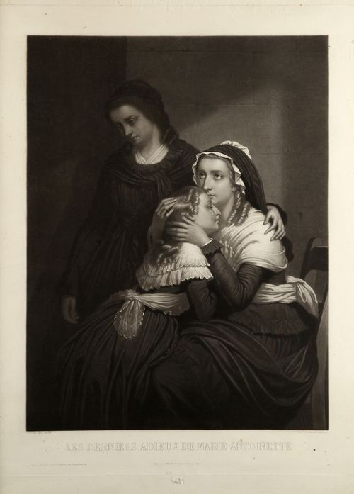 “The last farewell of Marie Antoinette,” a signed etching by Alfred Cornillet after a portrait by Henri Bource, depicting Marie Antoinette saying goodbye to her daughter Madame Royale and her sister-in-law, Madame Elisabeth. Bourbon Restoration...