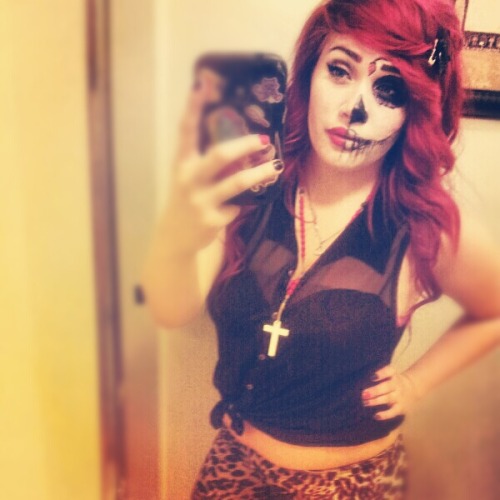 self Dia de los muertos Day of the Dead Mexican Mexican Girls red hair makeup Halloween OOTD pale piercings modifications stretched ears Cheetah Print cute girls