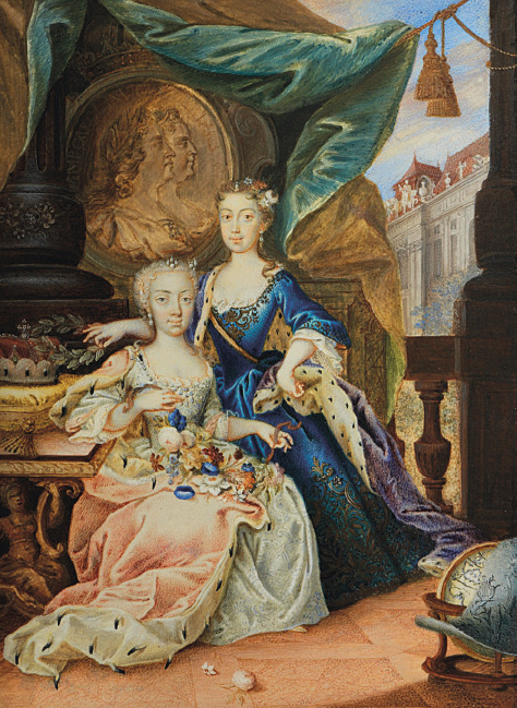 A portrait of Maria Theresa as an archduchess of Austria with her sister, Archduchess Maria Anna by Josef Anton Fischer. 18th century.
source: Christie’s
