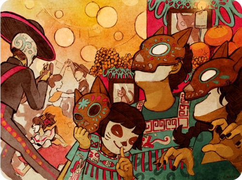 illustration cats nagual aztec dia de los muertos paperartichokes