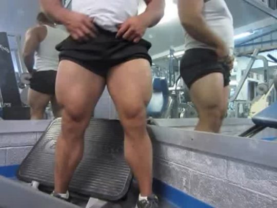 glorious9er: muscleryb:  This hunk is way beyond words  Like how he strips off them shorts and does them exercised in a 3-view! Somebody know his name?  Very , very shapely thighs all pumped up! 