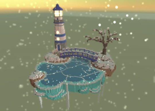 I made a little voxel lighthouse and my partner decided to pull it into Unity to make it into a snow scene! <3